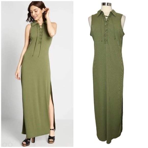 MODCLOTH Casual Sensations Green Lace Up Front Maxi Dress size L - Picture 10 of 10